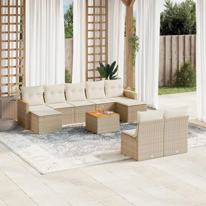 vidaXL Soffgrupp för trädgård med dynor 10 delar beige konstrotting (#3463)