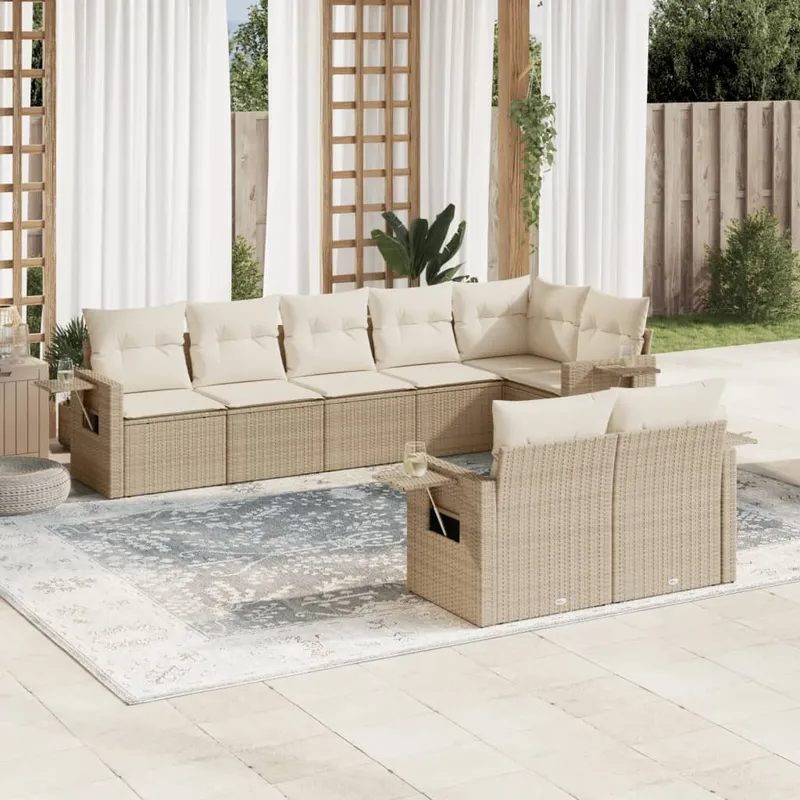 vidaXL Matgrupp för trädgården med dynor 8 delar beige konstrotting (#7309)