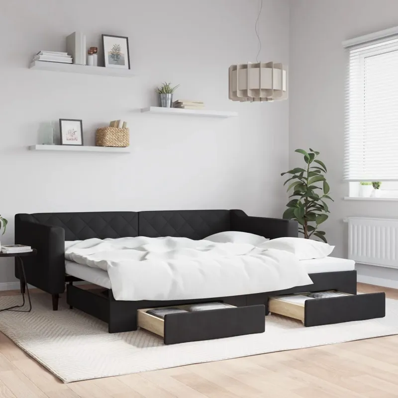 vidaXL Dagbädd utdragbar med lådor svart 90×200 cm tyg (#8385)