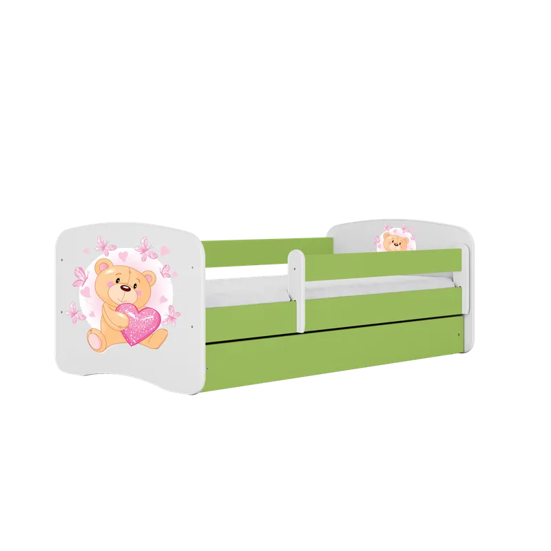 Babydreams juniorseng med bamse/sommerfugler, med madrass, sengehest, skuff - hvit/grønn laminat (140×70)