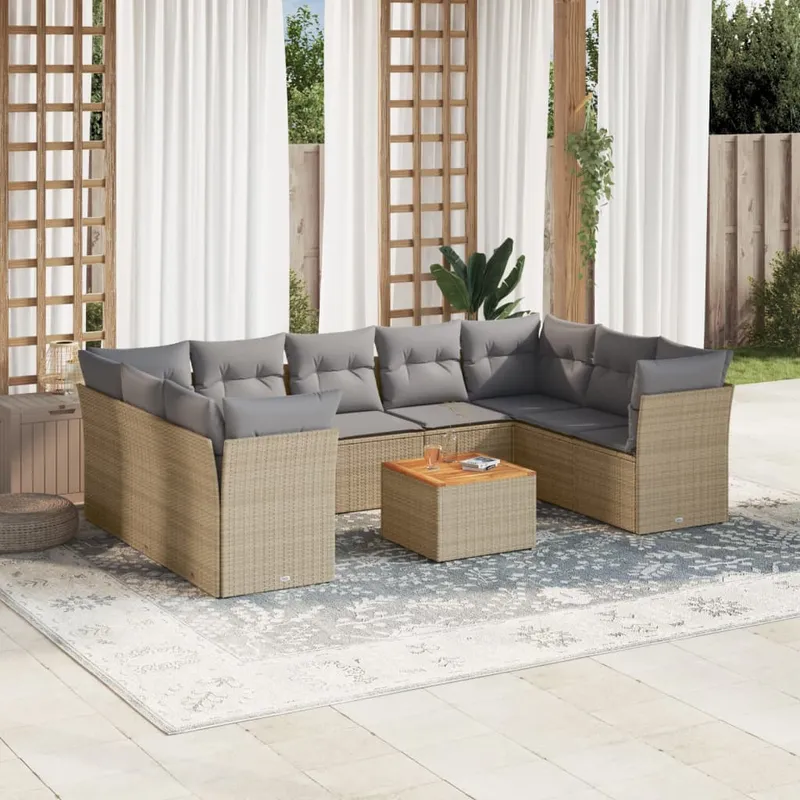 vidaXL Soffgrupp för trädgård med dynor 10 delar beige konstrotting (#6684)