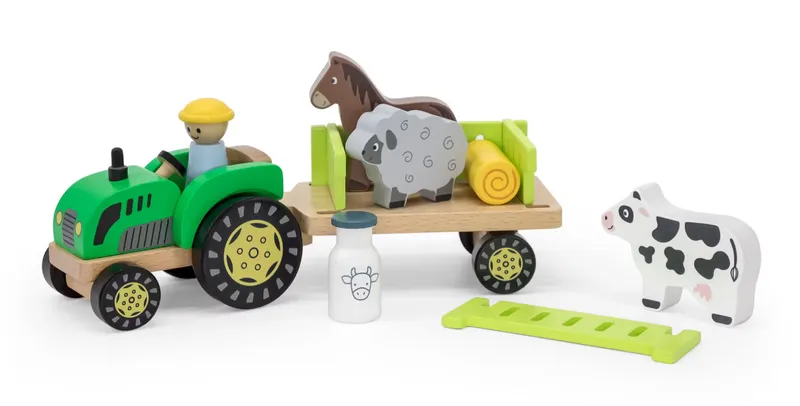 Viga Toys 44680 leksakstraktor i trä med släp och djur