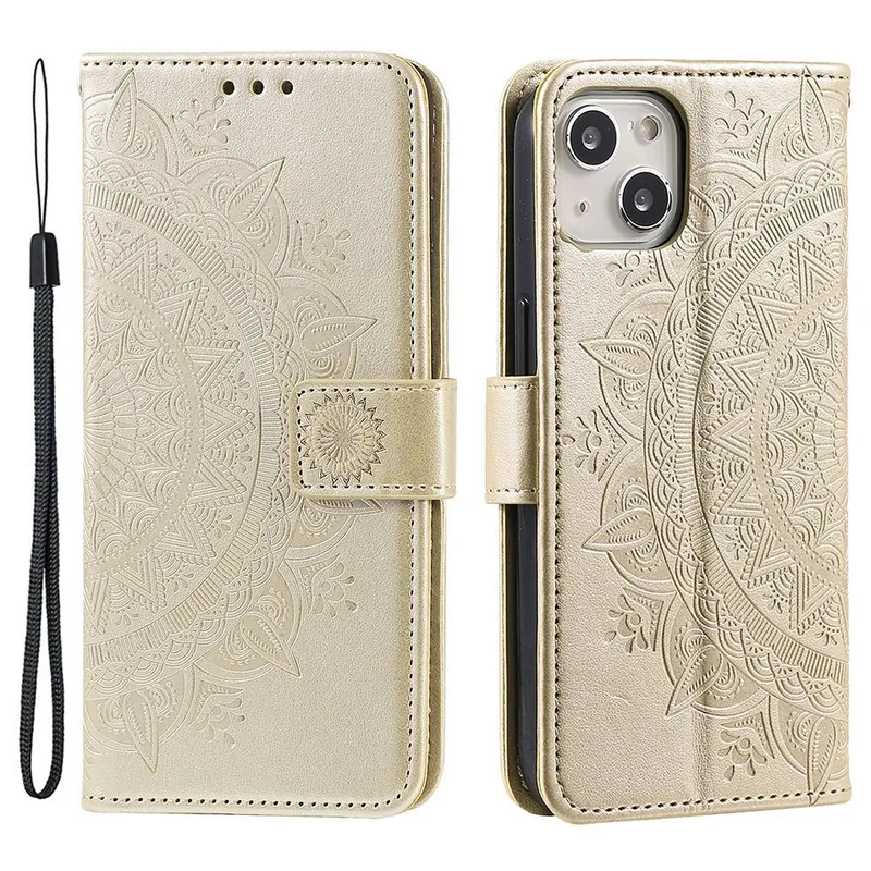 SKALO iPhone 15 Mandala Plånboksfodral – Guld