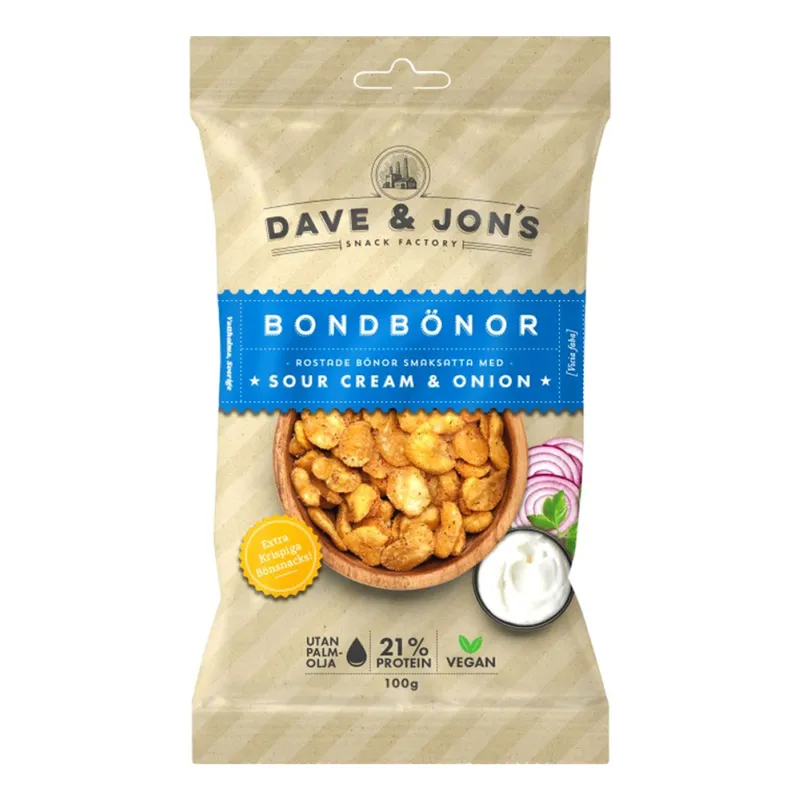 Dave & Jon’s Rostade Bondbönor Sour Cream & Onion 100 g
