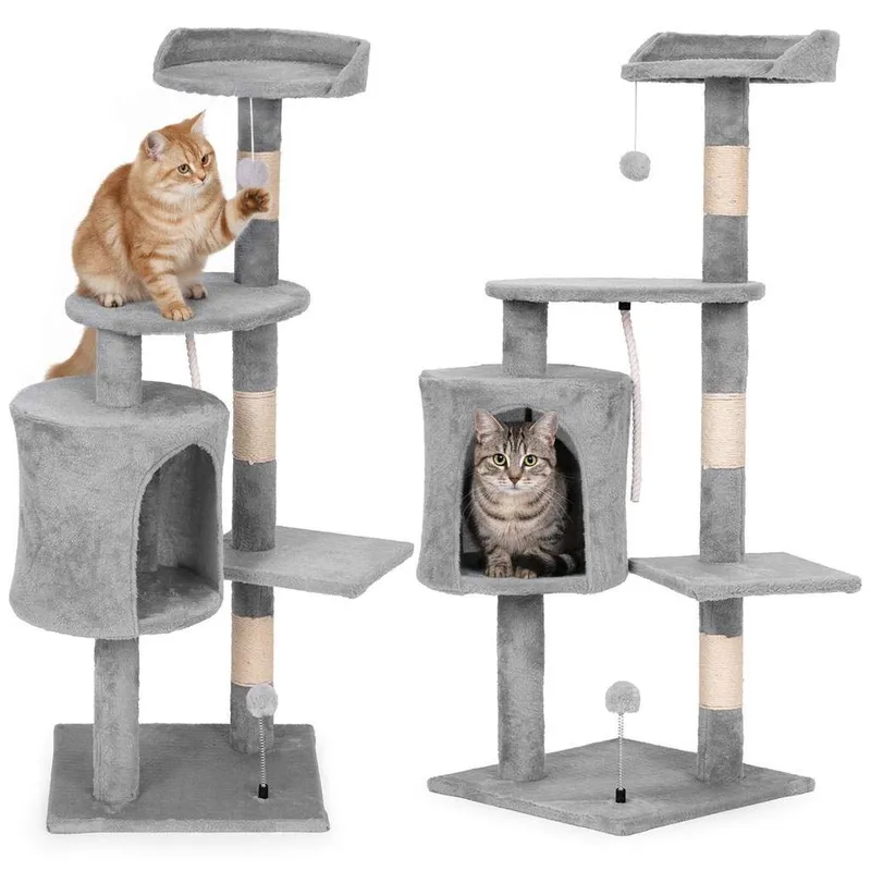Kattorn med klösträd och mysig bädd - 110 cm grå