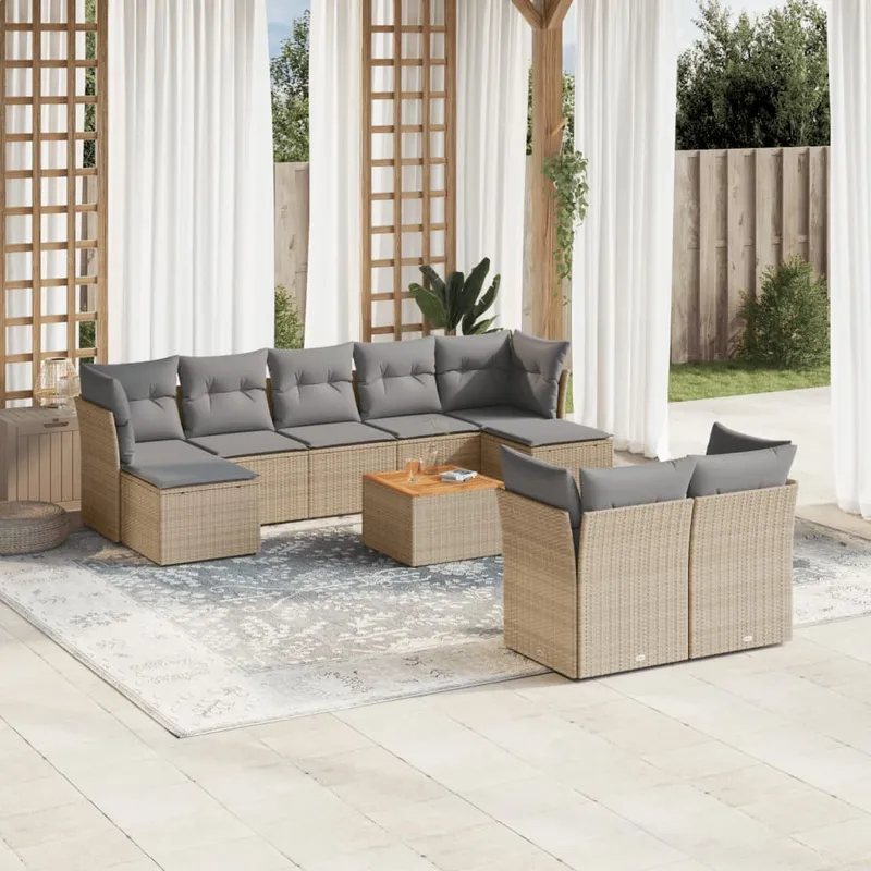 vidaXL Soffgrupp för trädgård med dynor 10 delar beige konstrotting (#7384)
