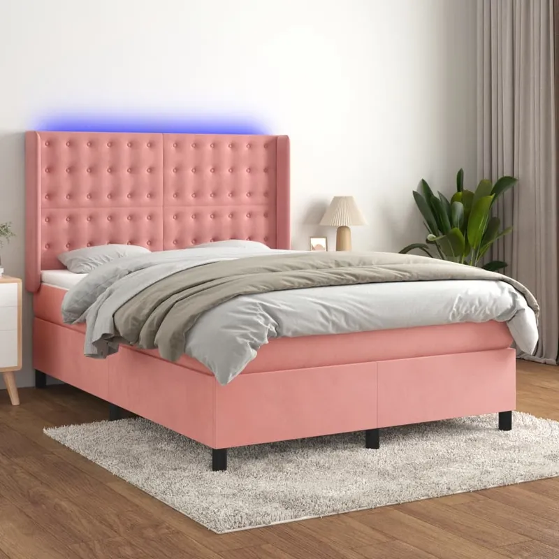 vidaXL Ramsäng med madrass rosa & LED 140×190 cm sammet (#4139)