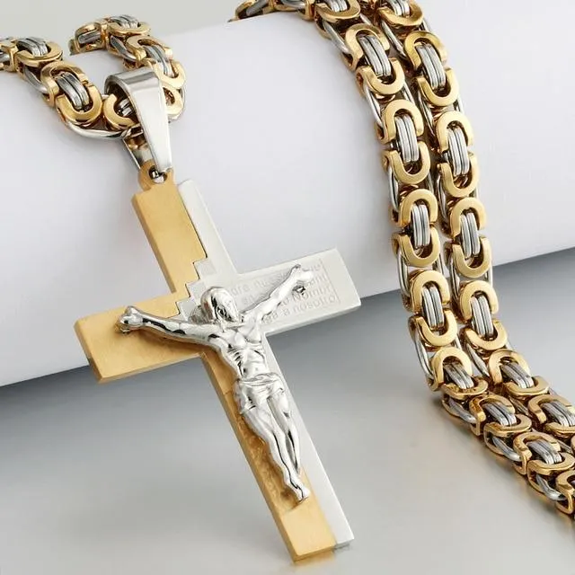 Heavy Duty Cross Pendant Halsband Herr Guld Rostfritt Stål Bysantinsk Kedja Herr Halsband 60cm (#6612)