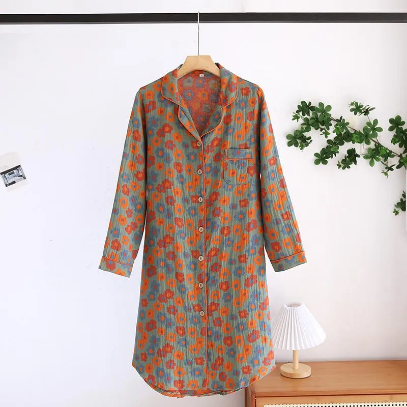Ny vår- og sommerdame-nattkjole 100% bomull bladblomst langermet kjole stor hjemmekjole retro langermet kjole XL (#2843)
