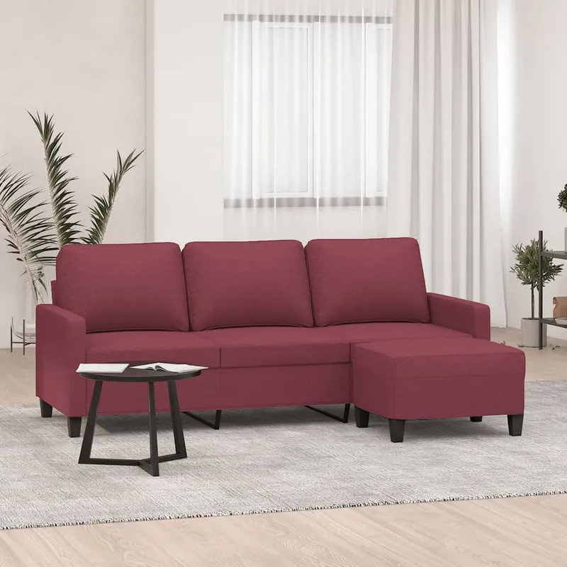 vidaXL 3-sitssoffa med fotstöd vinröd 180 cm tyg (#0104)
