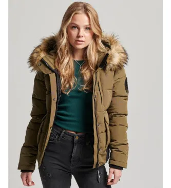 Superdry för kvinnor. W5011576A Everest grön quiltad bomberjacka med huva och huva (M), Casual, Polyester