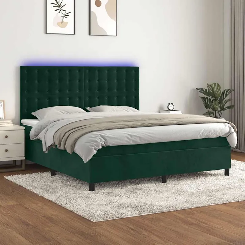 vidaXL Ramsäng med madrass & LED mörkgrön 160×200 cm sammet