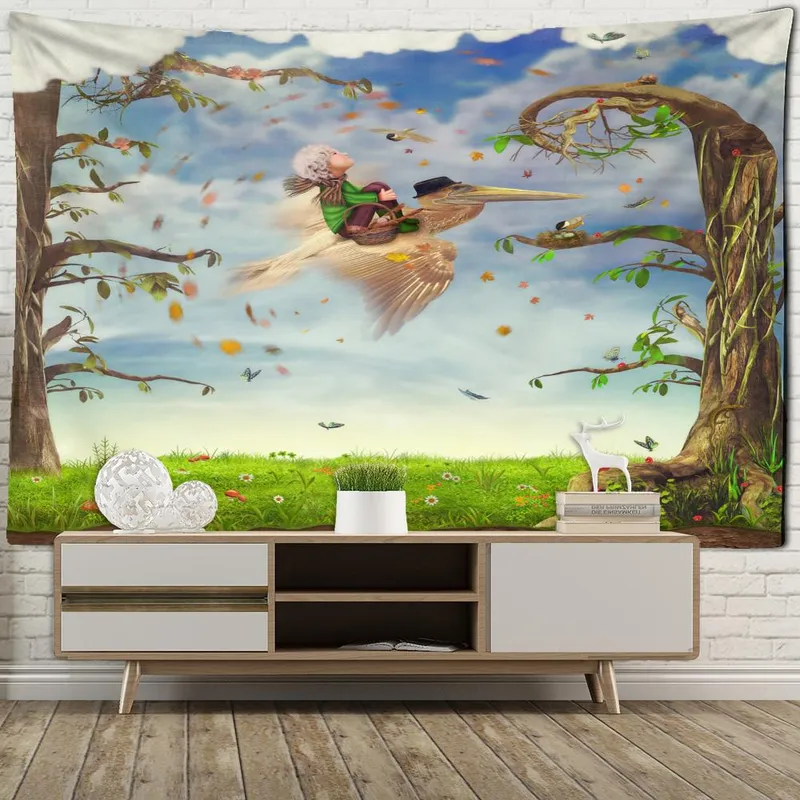 Gutt og tukan illustrasjon gobeleng veggoppheng tegneserie kawaii barnerom hjemmedekor bakgrunnsklut 95x70cm