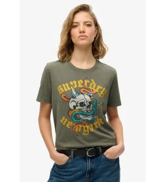 Superdry för kvinnor. W1011607A T-shirt med avslappnad passform och Neo Trad tatueringsmotiv grön (S), Casual, Bomull, Kort ärm