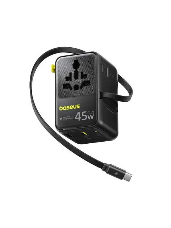 Baseus PicoGo AG11 45W 6-in-1 Travel Adapter with Retractable USB-C Cable - Black