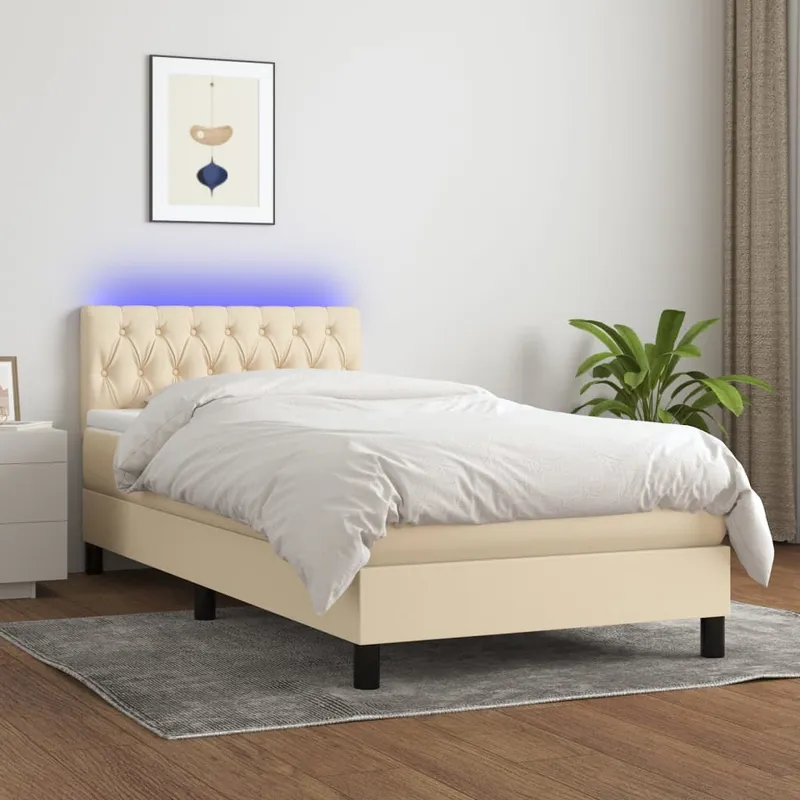 vidaXL Ramsäng med madrass & LED gräddvit 100×200 cm tyg (#9028)