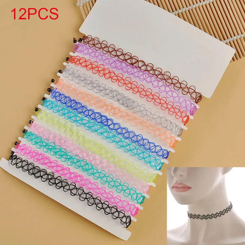 12st Hot Rea Vintage Chokers Halsband För Kvinnor Stretch Tatuering Halsband Elastisk Chocker Enkelt Trendiga Flickor Kort hänge