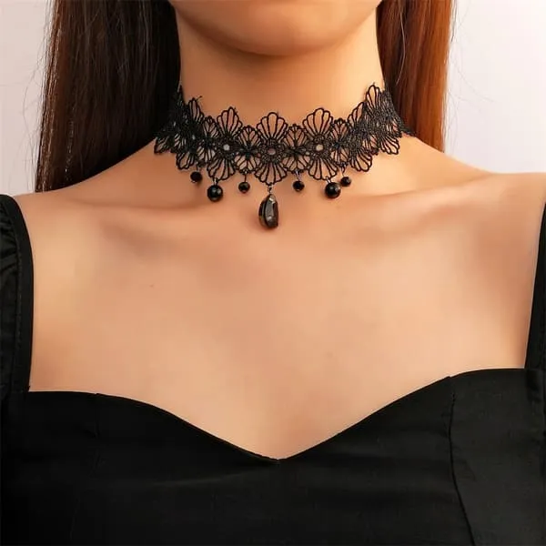 Halskring Med Spetsring Gotisk Broderi Svart Halsband Gotisk CH11