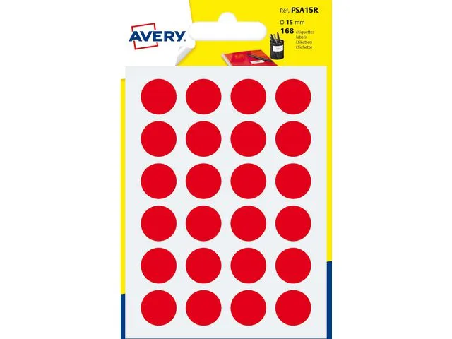 Etiketter Avery PSA15R, runda, Ø 15 mm, röd, förpackning 168 st