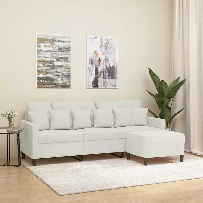 vidaXL 3-sitssoffa med fotpall gräddvit 180 cm sammet (#0821)