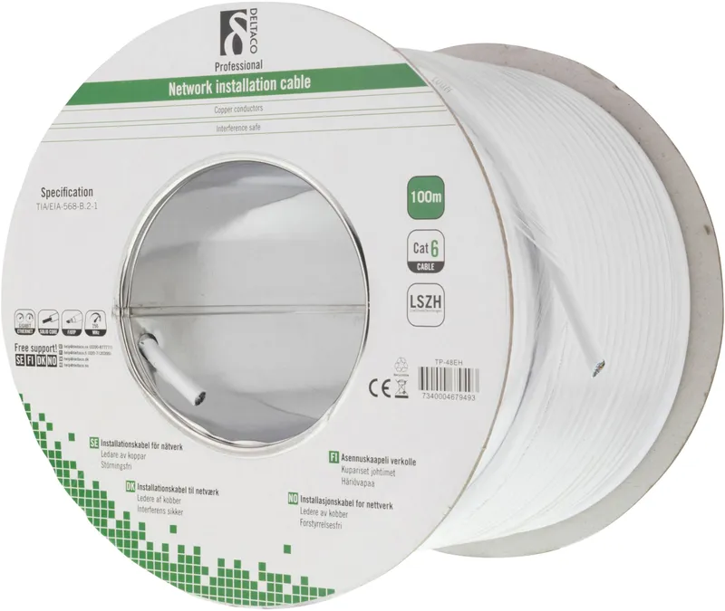DELTACO LSZH FTP installationskabel, Cat6, 100m, vit