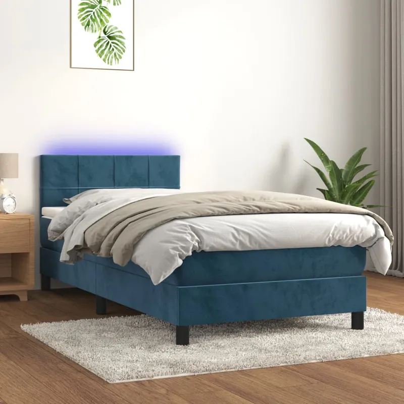 vidaXL Resårsäng med madrass och LED mörkblå 90×200 cm sammet (#9096)