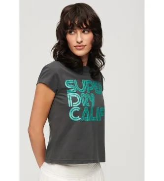Superdry för kvinnor. W1011411A Retro T-shirt med glittrig logotyp svart (S), Casual, Bomull, Kort ärm