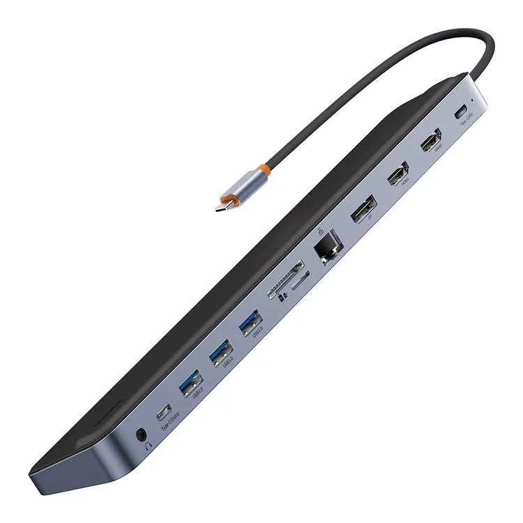 Baseus Hub 12in1 EliteJoy Gen2 series USB-C to 2xHDMI+ 3xUSB 3.0+ PD+ DP+ SD/TF+ RJ45+Type-C+ 3.5mm (dark gray) USB Hub - USB 3.0 - 12 porte - Grey