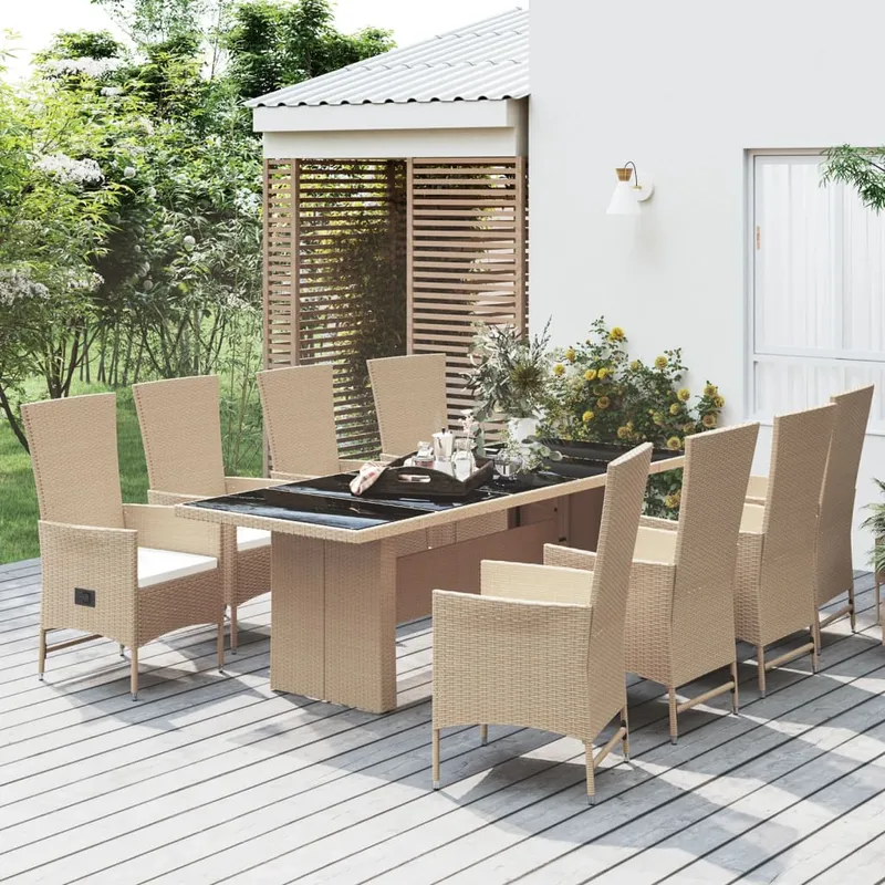 vidaXL Matgrupp för trädgården med dynor 9 delar beige konstrotting (#0376)