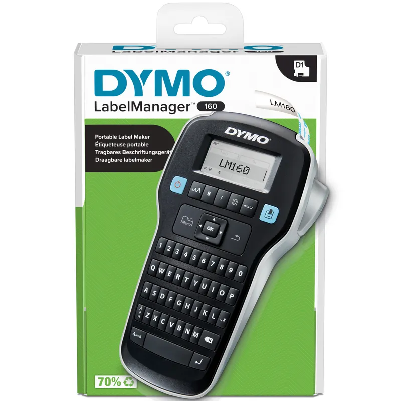 DYMO LabelManager 160-etikettskrivare | Handhållen märkmaskin med QWERTY-tangentbord | Svartvit D1-etikettejp (12 mm) | För hem och kontor