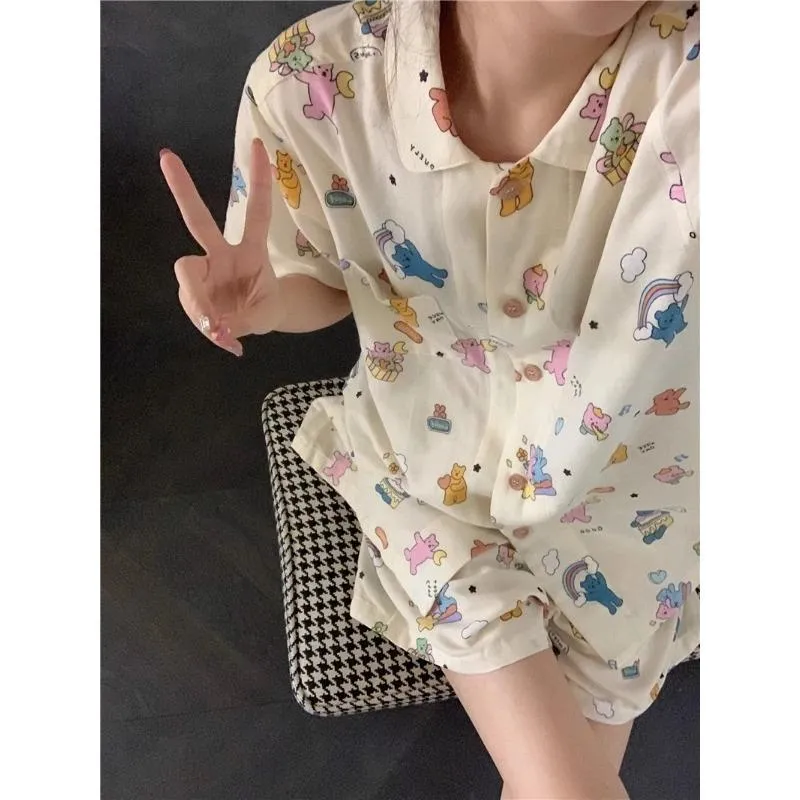 Damespyjamas Sommer Kort Ermet Nattøysett Tegneserie Søt Bjørn Trykket Pyjamas Dame Volang Hjemmenattøy Sett Cardigan XXL