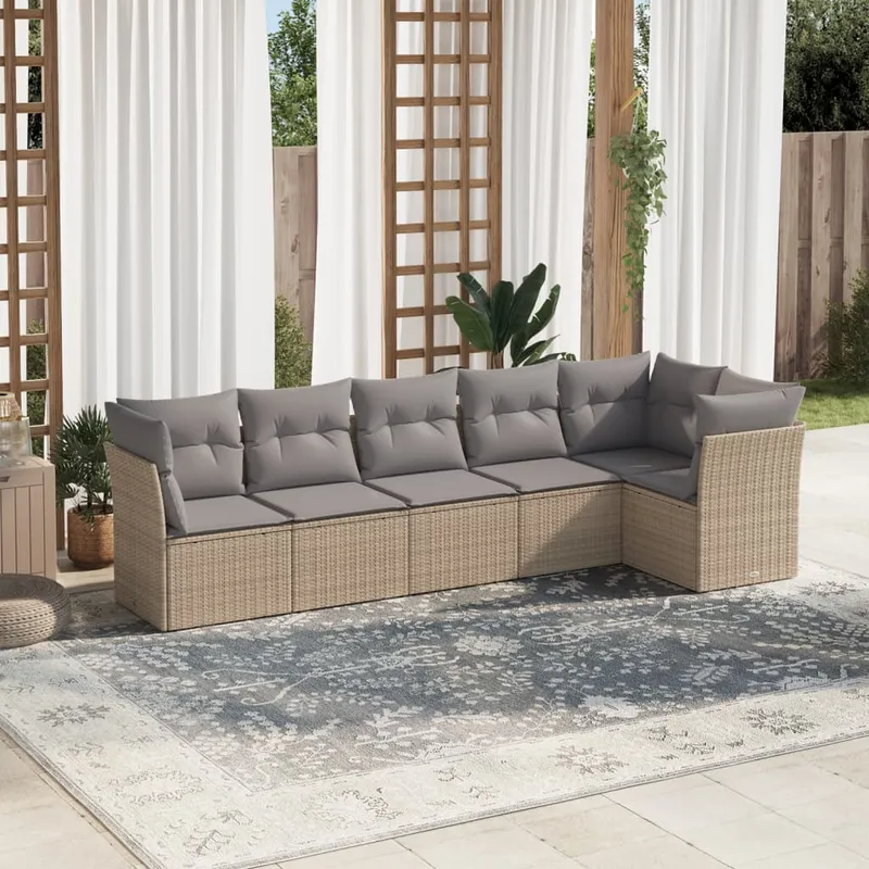 6-Cz. Trädgårdsmöbelset med kuddar, Beige, Polyrotting