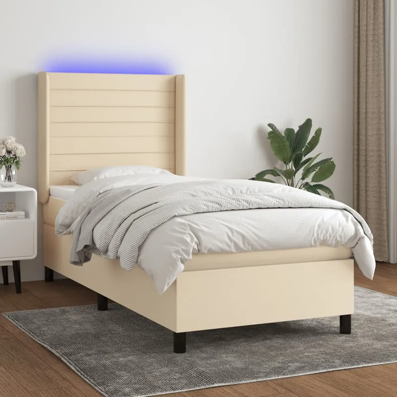 vidaXL Ramsäng med madrass & LED gräddvit 100×200 cm tyg (#9877)