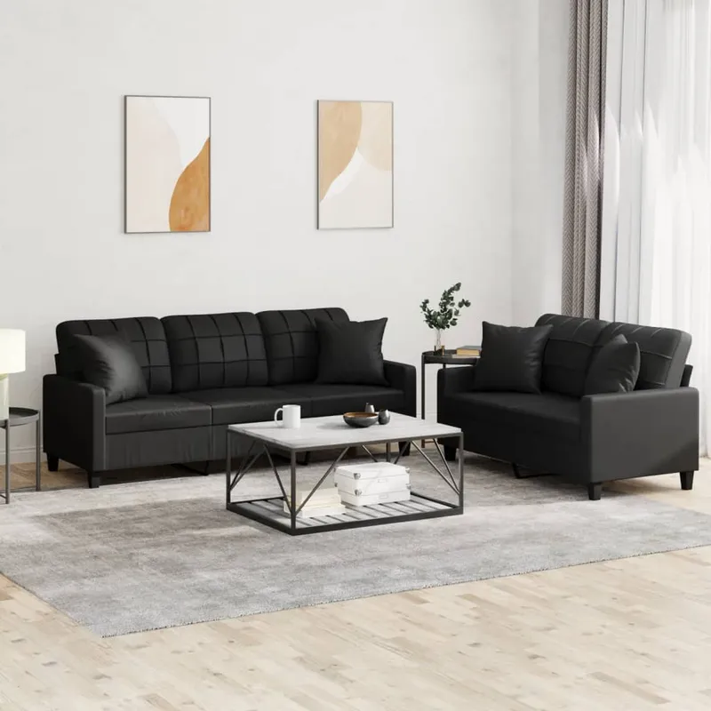 vidaXL Soffgrupp med kuddar 2 delar svart konstläder (#3556)