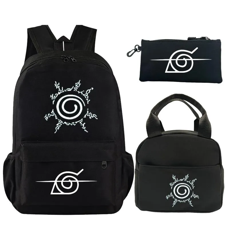 3 st/set Anime Naruto tryckt ryggsäck Bokväska med Lunchväska Pennfodral Tonåring Barn Flicka Pojke Skolväska Ryggsäck (#5712)