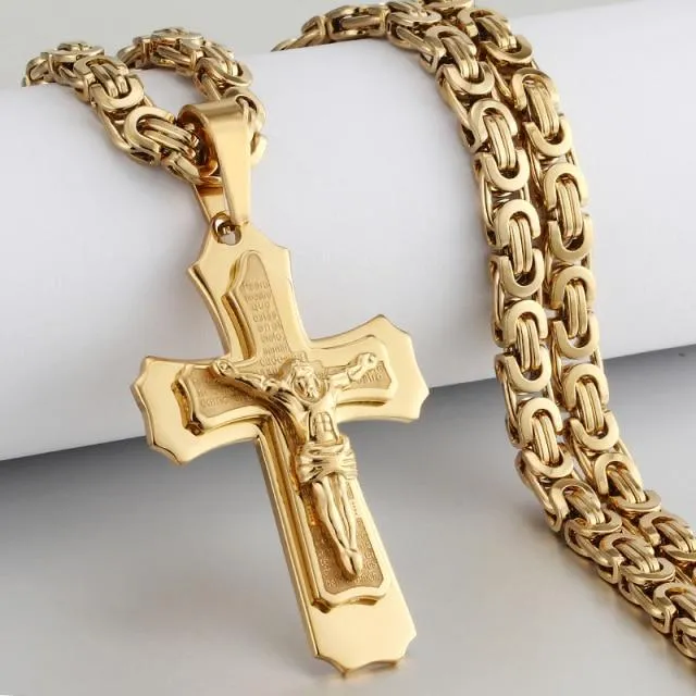 Heavy Duty Cross Pendant Halsband Herr Guld Rostfritt Stål Bysantinsk Kedja Herr Halsband 65cm (#6421)