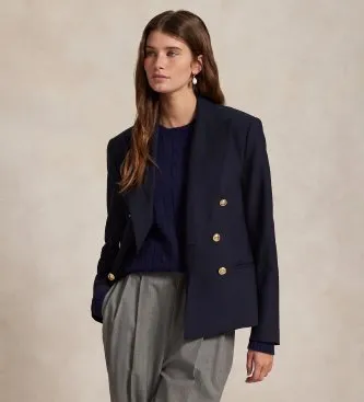 Polo Ralph Lauren för kvinnor. 211952571003 Croppad blazer marinblå dubbelknäppt (38), Casual, Ull, Klassisk, Marino