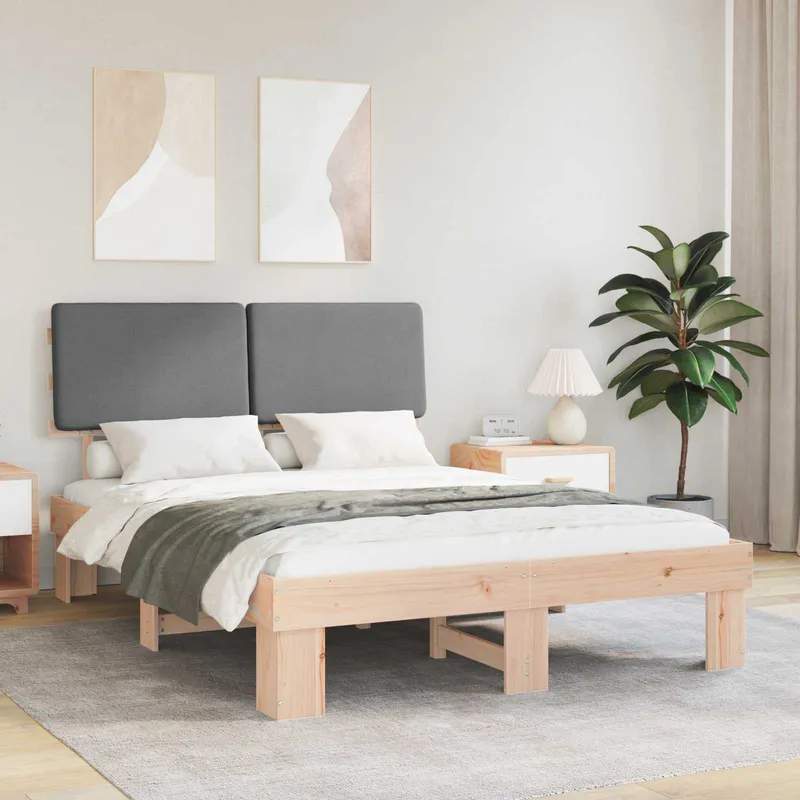 vidaXL Sängram med Klädd Huvudgavel Ljusgrå 160 x 200 cm Massiv furu (#3604)