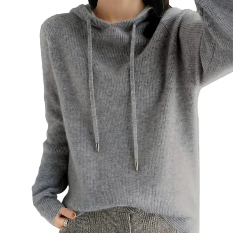 Høst Vinter Dame Hettegenser Snøring Ensfarget lange ermer Uformell Loose Fit Myk Varm Dame Strikket Sweatshirt Bluse Topp S Grå