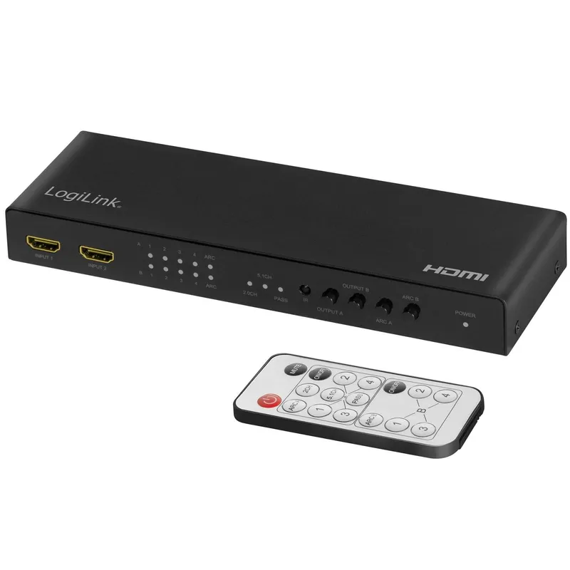 LogiLink HDMI switch 4×2-Port matrix 4K/60 Hz HDR ARC extract scaler RC