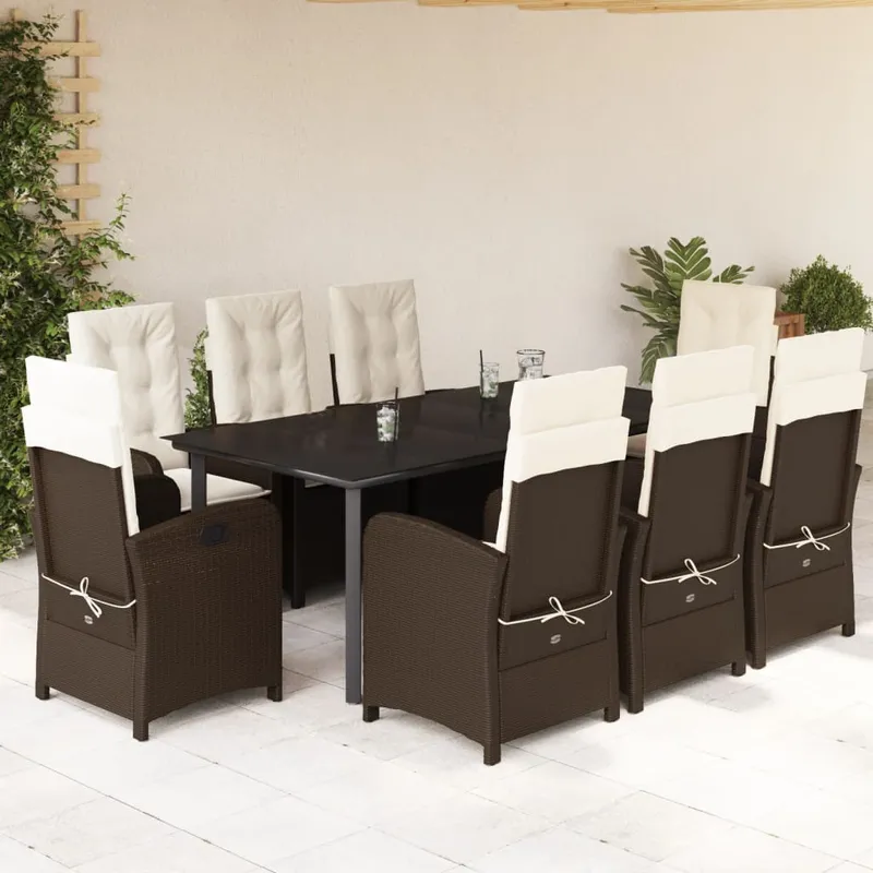 vidaXL Matgrupp för trädgården med dynor 9 delar konstrotting brun (#0826)