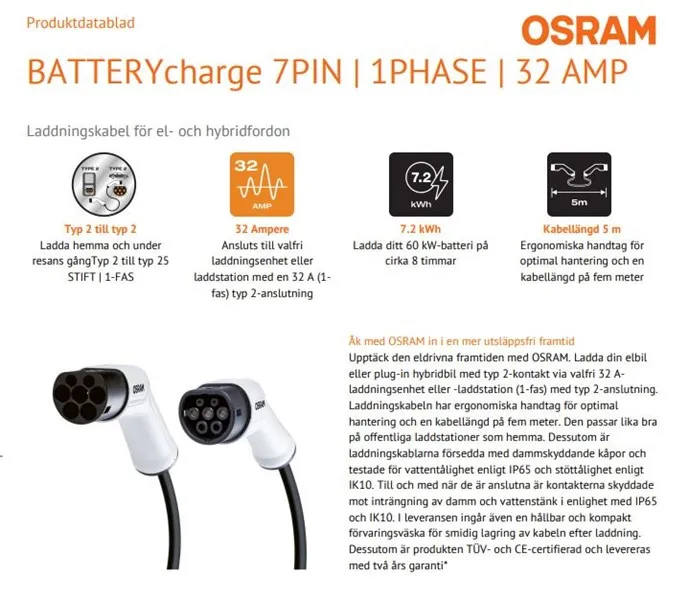 Laddkabel, elfordon OSRAM OCC23205
