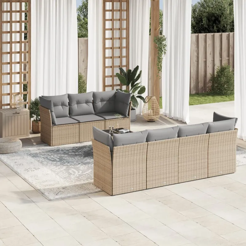 vidaXL Matgrupp för trädgården med dynor 8 delar beige konstrotting (#0931)