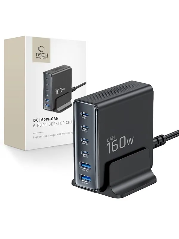 Tech-Protect DC160W-GAN 6-Port 160W AC Charger - Black USB Hub - USB 2.0 - 6 porte - Svart