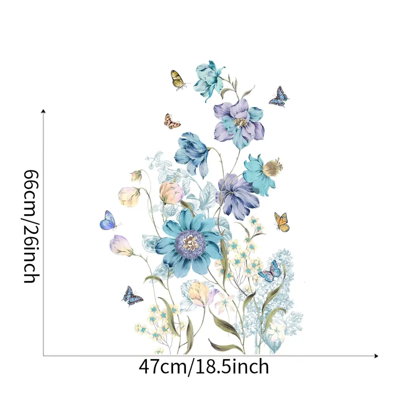 Väggdekal - Blå blommor och fjäril