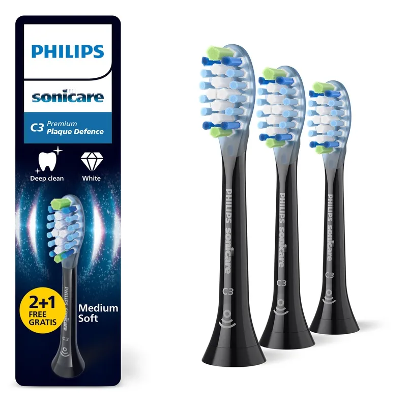 Philips Sonicare C3 Premium Plaque Defence borsthuvuden, Svarta, 2+1-pack, HX9043/88