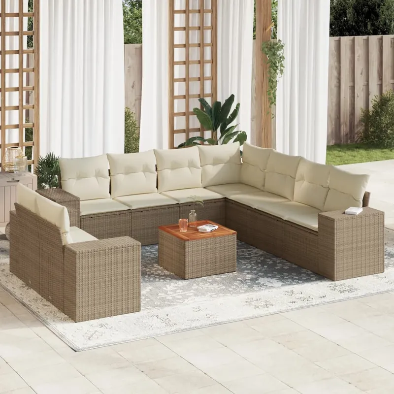 vidaXL Soffgrupp för trädgård med dynor 10 delar beige konstrotting (#3759)