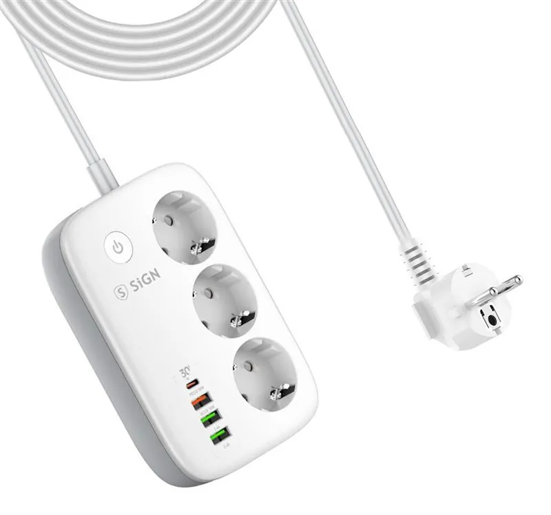 SiGN Smart WiFi Grenuttag 3xEU + 3xUSB, 1xUSB-C, 1.5m 30W - Vit
