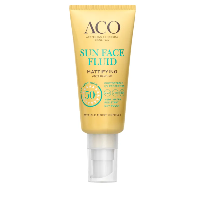 Köp 2 få 30% | ACO Sun Face Mattifying Fluid SPF50+ Parfymfri Solskydd Ansikte 40 ml