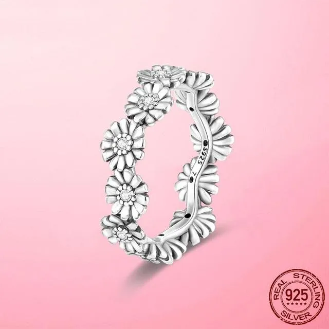 Autentisk 925 Sterling Sølv Glitrende Daisy Flower Crown Finger Ring For Dame Original Sølv 925 smykker Beste gave 7